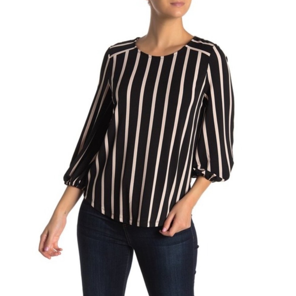 Adrianna Papell NWT Stripe Keyhole Blouse Top 3/4 Balloon Sleeves M Black Tan